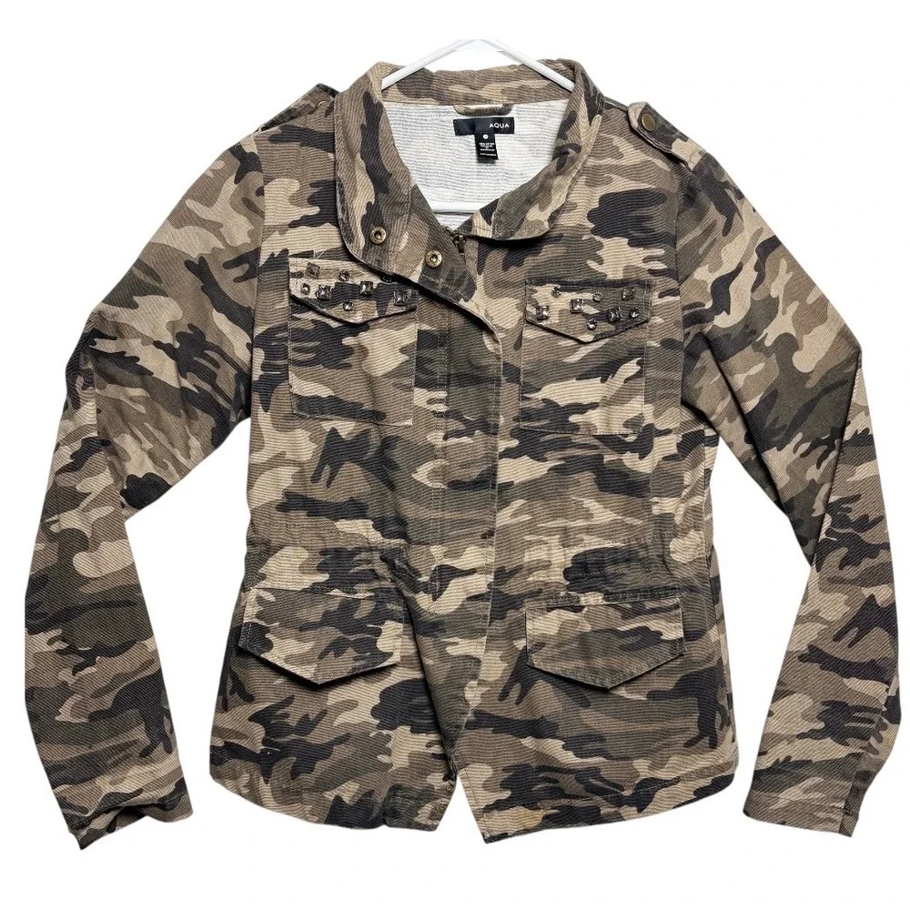 AQUA Camo Utility Jacket Womens Medium Green Good Rhinestone Embellished Cotton